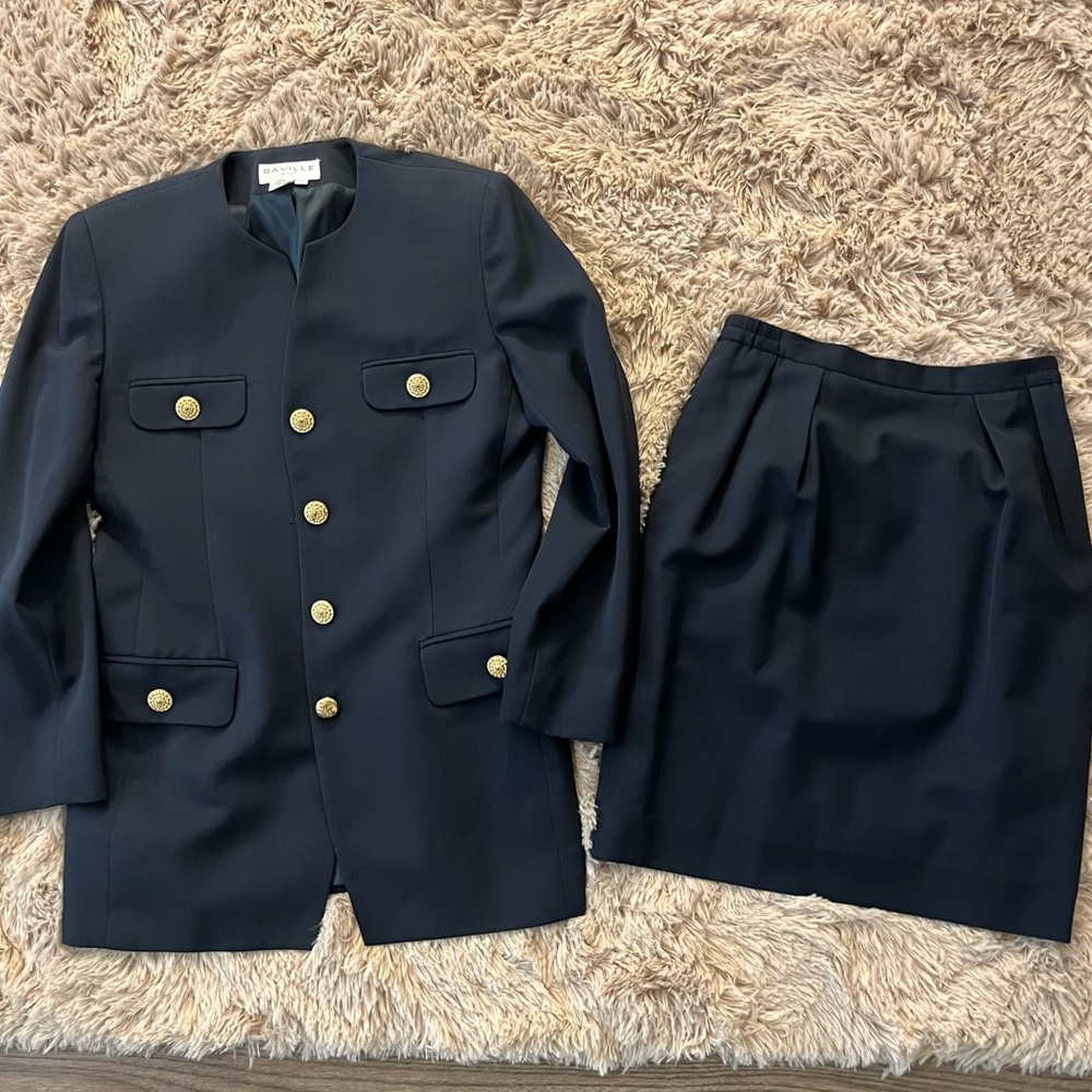 Vtg Suit Set Blazer and Skirt Set with Gold Buttons Seville Wool Suit 8